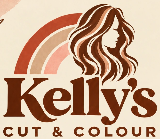 Kelly’s Cut & Colour, met een illustratie van golvend haar en een regenboog
